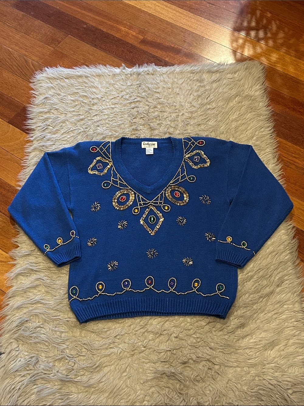 Exclusive Imports Vintage Blue Embellished V-Neck Sweater